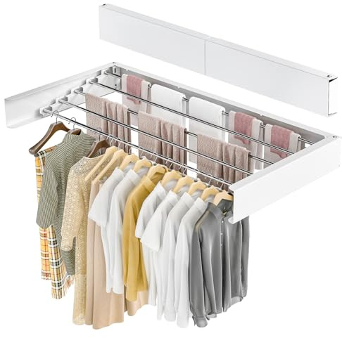GreenWhim Wall Mounted Clothes Airer 100 x 40 x 10 cm Retractable Foldable Drying Rack with 5 Rods 30kg Capacity Space Saving Laundry Hanger for Indoor Outdoor (White)
