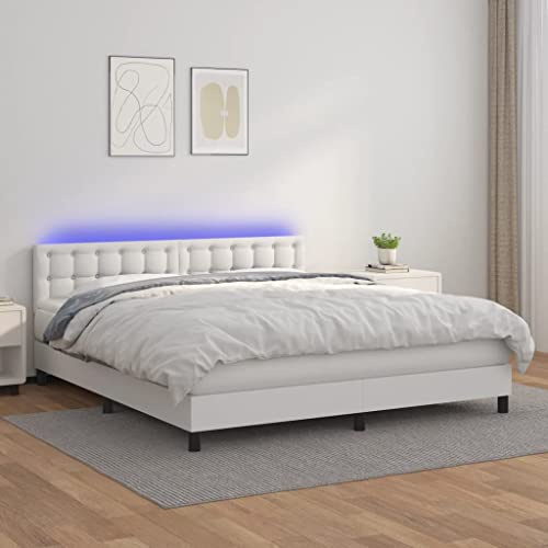 QJBSAVVA Boxspringbett 160x200 cm Weiß Kunstleder mit LED und Matratze Komplettset Höhenverstellbares Kopfteil Modernes Design für Schlafzimmer Jugendzimmer und Gästezimmer