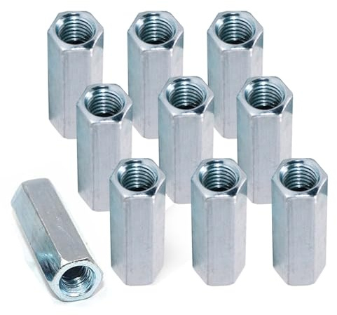 Sechskant Langmutter M10 x 40mm, 10 Stück Gewindehülsen Verzinkt Stahl, Sechskantmuttern für Haushalts Bürogeräte Montageschrauben