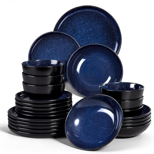 Homikit Geschirrset 6 Personen, Steinzeug Geschirr 24er Set, Universum Blau | Reaktive Glasur Tafelservice mit Speiseteller Dessertteller Suppenteller, Müslischalen, Mikrowellen & Spülmaschinenfest