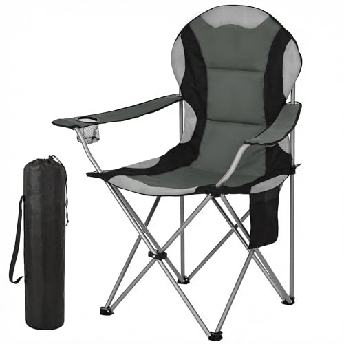 ROPODA Campingstuhl Faltbar, Klappstuhl Camping 150kg mit Hoher Rückenlehne, Armlehnen, Getränkehalter & Seitentasche, Gepolsterter Camping Stuhl für Outdoor, Garten, Angeln, Strand, Grau