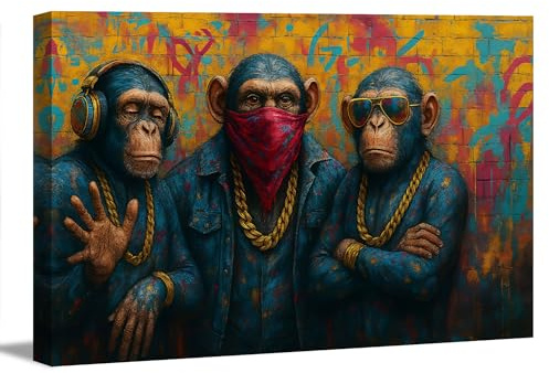 Coole Affen Bild Leinwand 120x80 cm 5077 - Fertig Gerahmt auf Echtholzrahmen - Drei Affen mit Kopfhörer Sonnenbrille Street Art Pop Art Wandbild Bunt - Moderne Wanddekoration Wohnzimmer Schlafzimmer