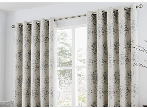 Curtina Elmwood Floral Print Eyelet Lined Curtains, Silver, 90 x 90 Inch