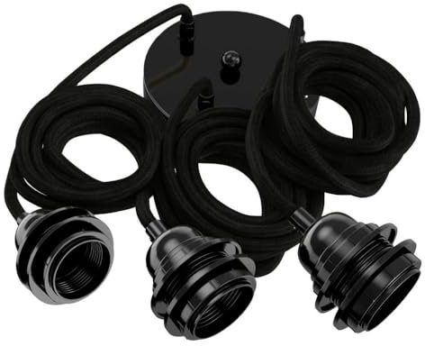 Hoopzi - Suspension Luminaire 3 Ampoules - 2,5m - Câble en Lin - Lustre pour Salon, Cuisine, Chambre - Modèle Hang 3 Lin Noir