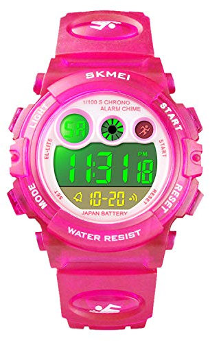 Montre de sport numérique pour enfants pour garçons et filles, étanche, électronique, multifonction, style décontracté, 7 LED colorées, alarme, chronomètre, montre-bracelet rose rouge