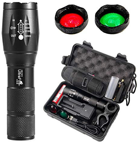 ULTRAFIRE LED Tactical Torch with Red Light Green Light, 900 Lumens Zoomable 5 Modes with Flashlight Holster, Rechargeable Battery and Charger, Bicycle Mount, 3-Color Interchangeable Filter