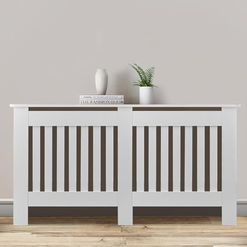 TUKAILAi Large Radiator Cover White Heating Cabinet Vertical Slatted MDF Heating Protector Cabinet Radiator Shelves for Living Room Bedroom Home Office, 152cm