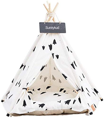 Sunnykud Tipi Zelt für Haustiere Hundezelt Katzenzelt Haustierzelte Häuser mit Kissen Abnehmbar und Waschbar Haustierbett Wegklappen Haustier Hundebett Katzenbett (L:60x60x70cm, Schwarzkiefer)