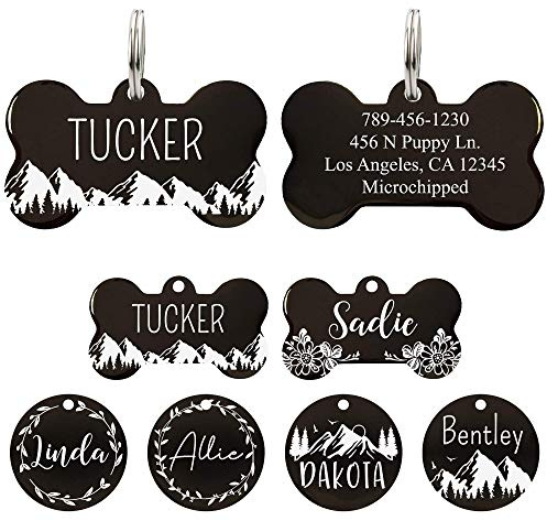 Ultra Joys Stainless Steel Pet ID Tag Dog Name Tags Personalized Front and Back Engraving, Customized Dog Tags and Cat Tag, Optional Engraved on Both Sides, Bone Tag with Mountain Design, Large