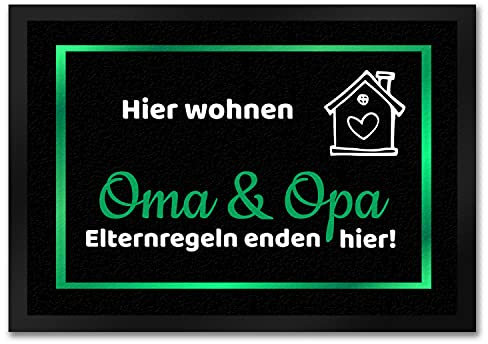 trendaffe - Hier wohnen Opa und Oma Fußmatte in 35x50 cm - Elternregeln Enden Hier in grün die Großeltern Schmutzfangmatte als Geschenk zum Geburtstag, Weihnachten oder Goldener Hochzeit für