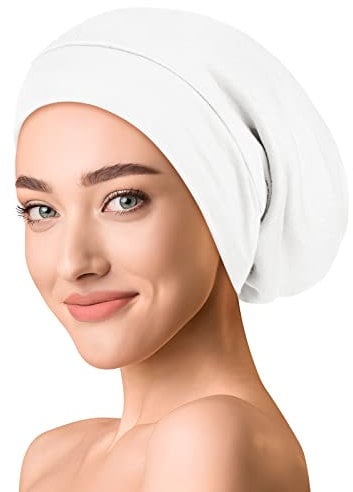OLESILK Seide & Baumwolle Slouch Beanie Mütze Schlafhaube Seide Chemo Kopfbedeckung dünne leichte und weiche Laufmütze Strickmütze Unisex Jersey Sommermütze verstellbar für Damen & Herren, Weiß