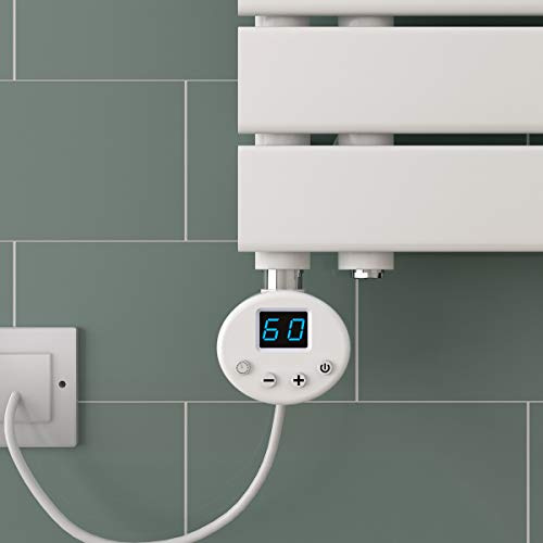 Warmehaus 500W White Thermostatic Electric Heating Element Towel Radiators | LCD Display, 1m Cable, Dual Fuel T Piece Connector, 15mm, Energy efficient, for Bathroom Ladder Radiators Warmer
