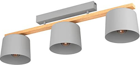 EGLO Deckenlampe Mariel, Deckenleuchte mit 3 Spots, Spotbalken skandinavisch, Wohnzimmerlampe aus Stahl in hellgrau und Holz, FSC100HB, Deckenspot mit E27 Fassung