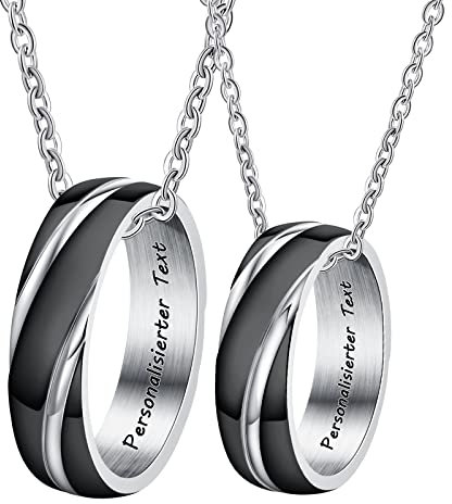 Pärchen Kette Ring, Paar Kette Edelstahl Partner Kette Personalisiert Ringe für Männer Silber Schwarz Ring Breit 6mm Kostenlos Gravur