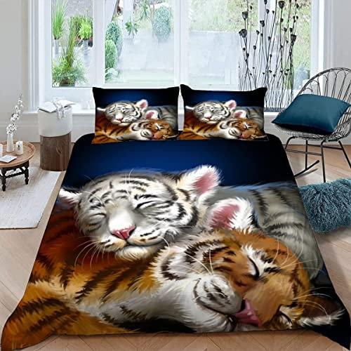VASENA Bettwäsche 155x220 Tiger Bettbezug 3D Druck flauschig Hypoallergen Bettwäsche-Set 3Teilig Teenager Jungen Mädchen Mikrofaser Lustige Tiere Betten Set