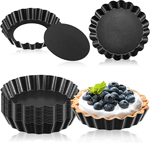 Tessco 16 Pieces Mini Tart Pans with Removable Bottom Nonstick Quiche Mini Pie Tart Pans Bakeware Mold Fluted Side for Pies(Black Gray Round,3 Inch)