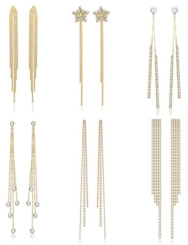 Kakonia 6 Paia Orecchini Pendenti Lunghi con Nappe per Donna Orecchini Filo Geometrico Strass Lineari Orecchini Gioielli, Oro