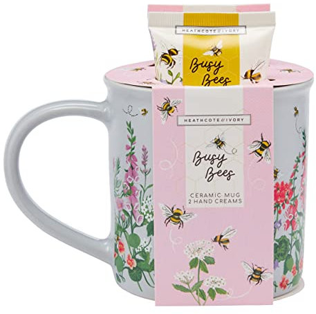 Heathcote & Ivory Busy Bees Geschenkbecher-Set, 2 x 50 ml, Handcreme und Keramikbecher, hält die Hände weich und parfümiert, tierversuchsfrei und vegan, reisefreundliche Größen