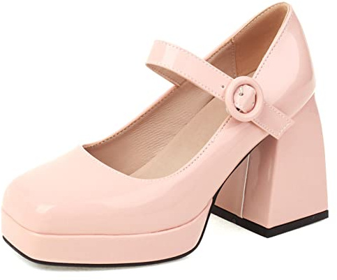 Bviennic Donna Square Toe Moda Tacco Chunky Plateau Mary Jane Scarpe Prom Festa Tacco Alto con Cinturino alla Caviglia Pump Largo Fit Bride Scarpe Rosa Numero 45 Eu-47Cn