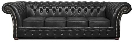 Chesterfield Bank Winfield Basic Leder | 2 bis 4 Wochen Lieferzeit (Shiny Black, 4-Sitzer)