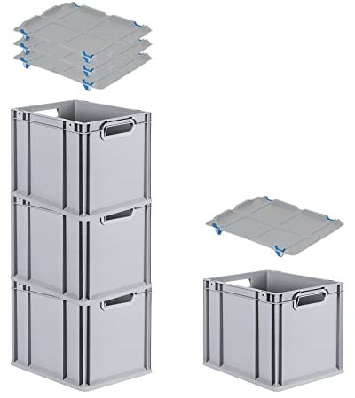 PROREGAL SuperSparSet 4x Eurobox NextGen Grip mit Auflagedeckel & 4 blauen Schiebeschnappverschlüssen, HxBxT 32x30x40cm, 30 L, Grau, Griffe offen, Eurobehälter, Transportbox