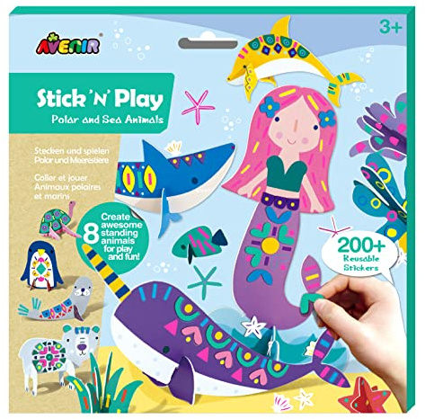 Avenir Stick N Play Polar- und Meerestiere, Stickerbuch für Kinder, Karten in Form von Polar- und Meerestieren und wiederverwendbare Aufkleber