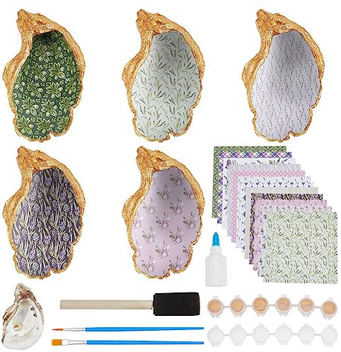 WEBEEDY DIY 5 Sets Huître Shell Bijoux Plateau Anneau Présentoir Shell Osier Motif Bibelot Plat Bijoux Organisateur Crafti Kit pour Adultes