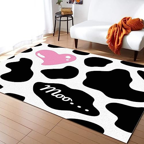 TEMLAN Niedliches Kuhmuster Teppiche Gegend, Schwarz-weißes Kuhrosa Herz Kinderteppich für Drinnen und Draußen Terrasse Balkon Garten Wohnzimmer 80 x 150cm