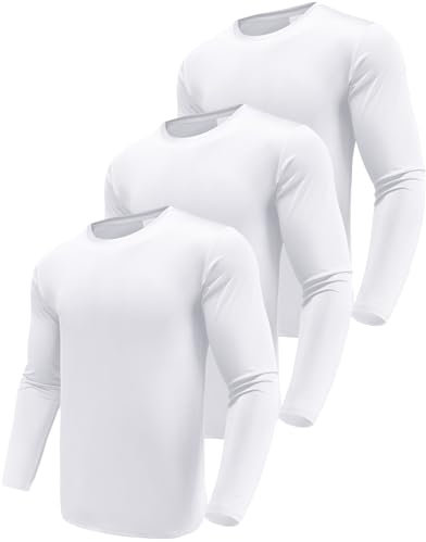White Long Sleeve Tee Shirts for Men, Dry Fit Moisture Wicking Long Sleeve Shirts, Athletic Workout Shirts for Running White-3P09-M