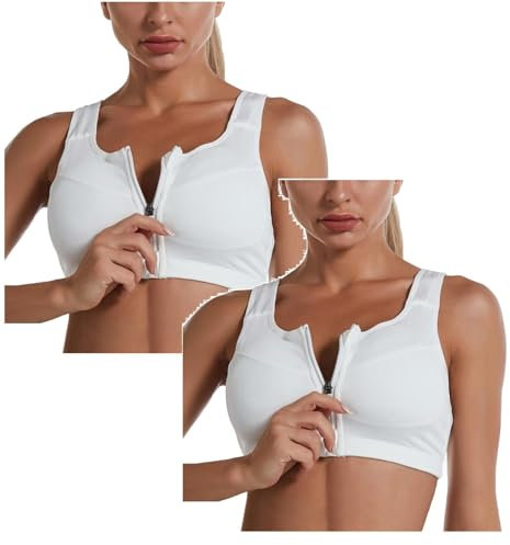 2er Pack Damen Postoperativer Sport BH Bügelloser Vorderverschluss Racerback Kompressions BH Reißverschluss Bequemer BH Nach Brust Op Seamless Starker Halt Sport Bustier Für Alltag Yoga Fitness