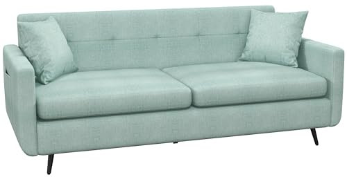 HOMCOM 165cm 3 Seater Sofa for Living Room, Modern Fabric Couch, Tufted Small Couch Sofa Settee with Steel Legs and 2 Storage Pockets for Bedroom and Home Office, Blue