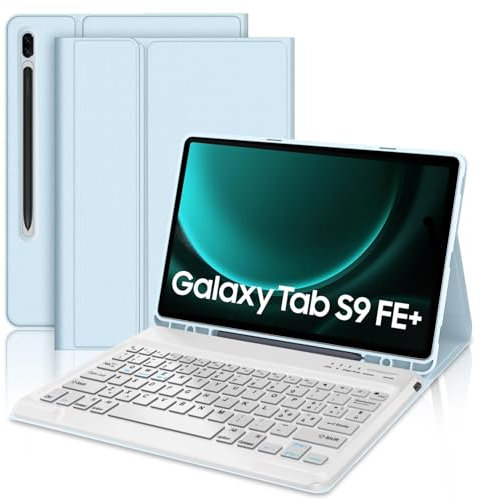 IVEOPPE Tastiera Samsung Galaxy Tab S9 FE Plus 12.4 2023, Cover Tastiera Samsung tab S9 Plus, Tastiera Italiano Rimovibile Bluetooth per Galaxy Tab S9FE/S9 + 12.4, Cielo blu