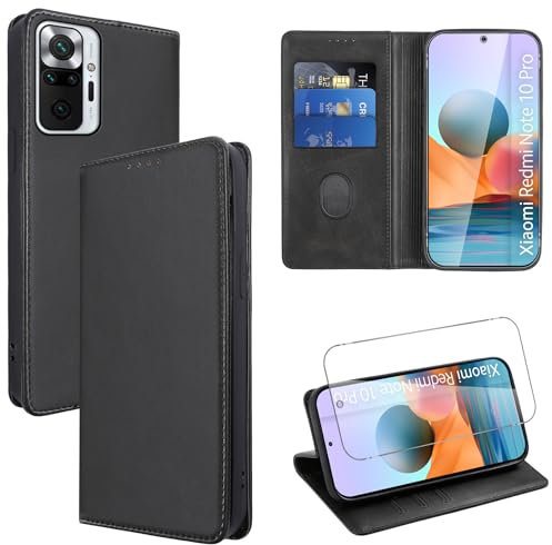 Vauki Funda Cuero para Xiaomi Redmi Note 10 Pro 4G con 1 Cristal Templado Carcasa PU Tipo Cartera Soporte Tarjetas Case Soporte Plegable Tapa Libro Movil Flip Caso para Redmi Note 10 Pro 4G, Negro