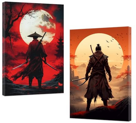 ZXHYWYM Samurai Bilder Wanddekoration 2 teilig Japan Samurai Gemälde Bushido Leinwanddruck japanischer Krieger Poster für Zuhause Jungenzimmer mit Rahmen (C (28x35cmx2))