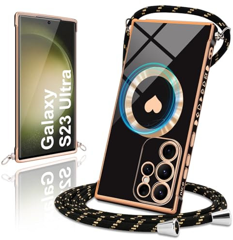 Micoden Handykette für Samsung Galaxy S23 Ultra 5G Hülle Necklace mit Band, Kompatibel mit MagSafe, Magnetische Handyhülle für zum Umhängen Kordel Kameraschutz Stoßfeste Herz Case Schutzhülle,Schwarz