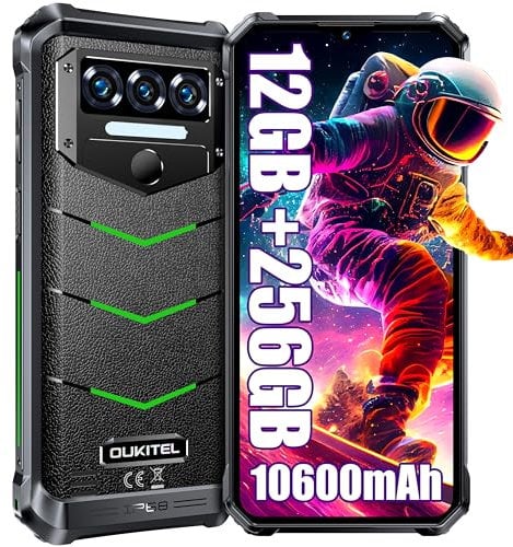 OUKITEL WP38 Rugged Smartphone 2024-12GB+256GB/1TB Expansion 10600mAh Octa-Core Rugged Phone, 6.52''HD+ 13MP Camera Android 13 Indestructible Phone, IP68/IP69K/Face ID/Fingerprint/NFC/OTG/GPS Green