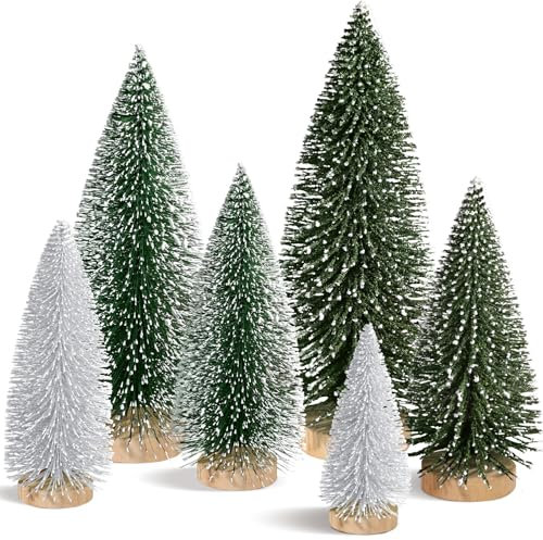 Hatisan 6pcs Mini Christmas Trees Small Bottle Brush Trees with Wooden Base, Artificial Christmas Trees for Village Tabletop Home Room Party Craft Christmas Decor Indoor(Green,Silver)