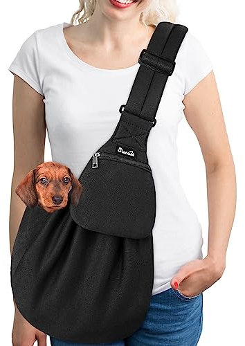 SlowTon Hundetragetasche, Haustier Hundetasche mit verstellbarem, gepolstertem Schultergurt und Fronttasche Tragetasche Hund für Spaziergang Aktivitäten im Freien und Ausflüge(Schwarz-Pullover Stoff)