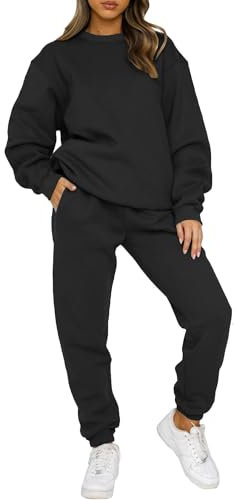 Yutdeng Tuta da Donna Foderato in Pile Completo Sportivo 2 Pezzi Manica Lunga Girocollo Pullover Felpa e Pantaloni Jogging Tute Tinta Unita Casual Outfit per Casa Palestra Yoga,Nero,L