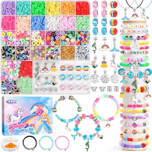 ZOOI Einschulung Mädchen, DIY Perlen für Armbänder, Bastelset Kinder ab 6 Jahre Perlen zum Auffädeln Basteln Mädchen Armbänder Selber Machen, Einhorn Geschenke für Mädchen Geschenk Mädchen 5-13 Jahre