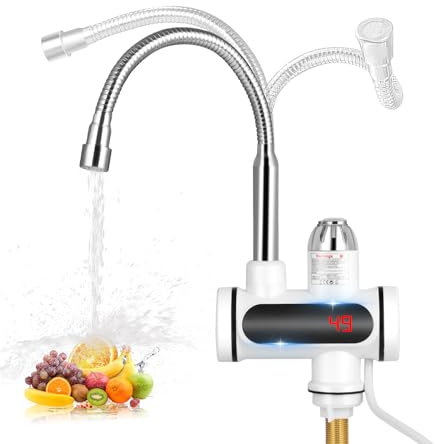 Instant Hot Water Tap 220V, 3000W Electric Instant Water Heater Boiling Water Tap with LED Digital Display, 360° Rotating Electric Stainless Heater Faucet for Kitchen Bathroom Washroom UK Plug