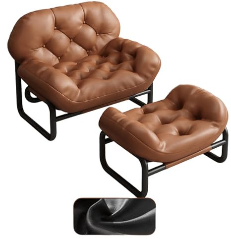 Relaxsessel mit Hocker Leder DREI-Proof-Freizeitstuhl aus Ökologischem Leder Verstellbare Rückenlehne Fernsehsessel mit Rutschfesten Stellfüßen(Brown)