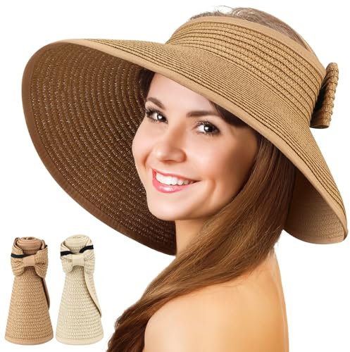ytorgr 2 Stück Damen Sonnenhut, Sun Visor für Damen Faltbar mit Breiter Krempe, Strohhut UPF 50+