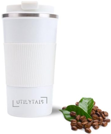 UTILYTAIS Pack 2 Taza de Café 510ml Blanca - Vaso Térmico de Café para Llevar - Acero Inoxidable 304 - Bebidas Antigoteo - Vaso Hermético - Libre de BPA - Bebidas Frías y Calientes, Batidos y Té (2)