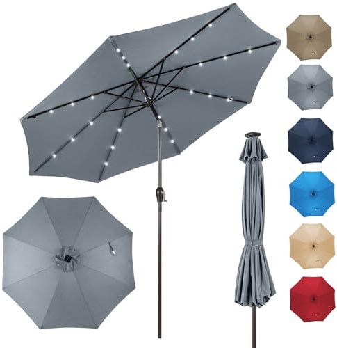 RELAX4LIFE Parasol Inclinable LED Dia.3M avec Éclairage Solaire, 8 Baleines, Inclinaison Réglables Parasol de Jardin Extérieur pour Balcon Terrasse Patio Café Bistro (Φ300x250cm,Gris)
