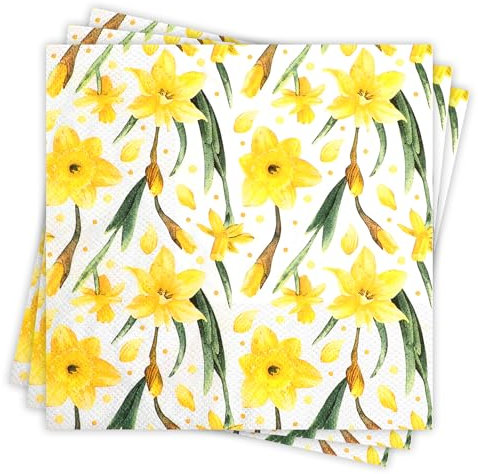 DPKOW 40pcs Daffodil Floral Napkins Disposable, Spring Easter Napkins Paper, Yellow Napkins Serviettes Floral Paper Napkins Patterned, Cocktail Napkins Birthday Wedding Serviettes