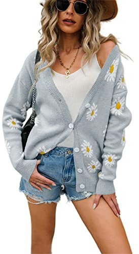 HEYPORK Damen Herbst Winter Warm Bequem Jacke Casual Mode übergangsjacke Mantel Frauen Strickjacke Pullover Strickjacke Bedruckt Gänseblümchen Pullover(D Grau, L)