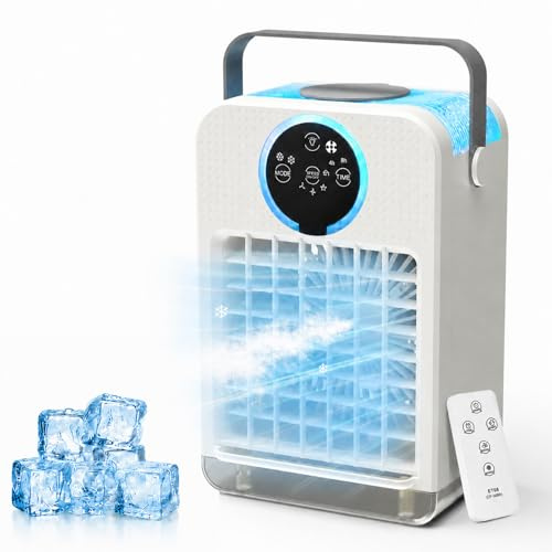 Aceshop Aire Acondicionado Portátil con Control Remoto, Mini Enfriador de Aire con 2-8H Temporizador, 3 Velocidades de Ventilador, 2 Modos de Nebulización, 700ML Climatizador Evaporativo para Hogar
