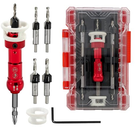 FOCSTOL Foret avec Fraisoir Contre-alésage - 5 Pièces 3,2/3,6/4/4,4/4,8mm Jeu de Foret à Fraise Bois de Profondeur Réglable à 82 Degrés avec Queue Hexagonale 6,35mm pour Bois Plastique