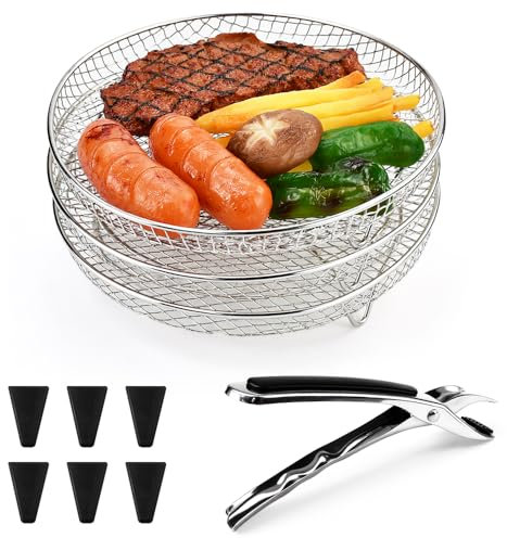 LPAMABA 3 Stück φ20cm Rund Air Fryer Racks Korb 304 Edelstahl Stapelbar Luftfritteuse Racks Heißluftfritteuse Racks Luftfritteuse Korb Air Fryer Tray Grillrost Rack Air Fryer Heißluftfritteuse Zubehör